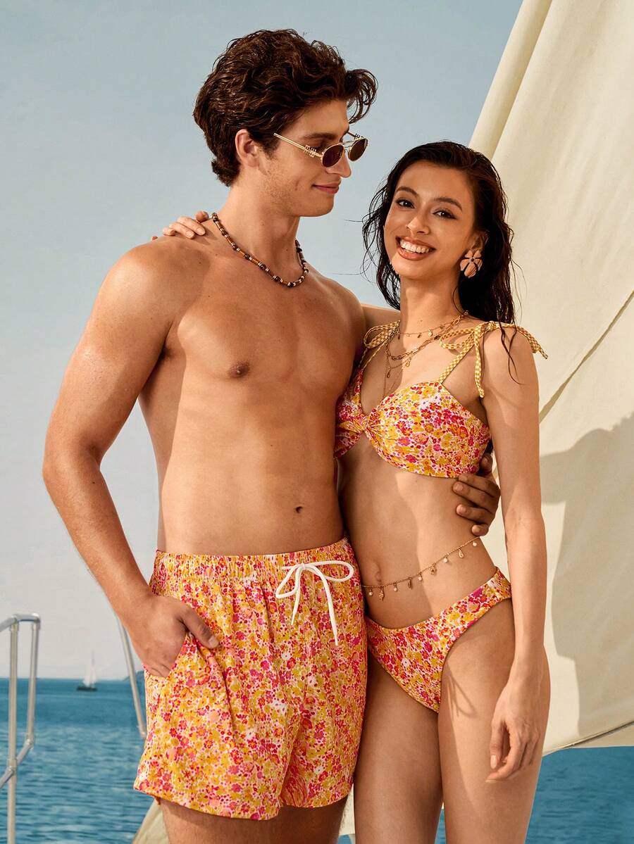 Manfinity VDAYZ Men Couple Matching Swimwear , Summer Boho Holiday Ditsy Floral Drawstring Waist Beach Shorts Vacation - Multicolor - View 1