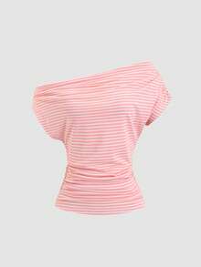 Sweetra Camiseta de mujer de estilo casual de vacaciones, con diseño asimétrico de hombro distintivo a rayas, de estilo puro, suave y dulce - Rosa - Ver 1