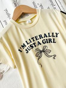 SHEIN Genkimix Kids Toddler Girls' Korean Style Energetic Bow Decor Round Neck Short Sleeve T-Shirt Dress, Comfortable Loose Fit Casual Summer Outfit - Beige - View 3