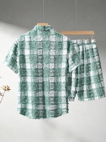 Manfinity Homme Men's Plaid Frayed Short Sleeve Shirt And Shorts Casual Set - Green - View 2