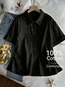 SHEIN Comfortcana Plus Size Casual Solid Color Shirt, Summer - Black - View 1