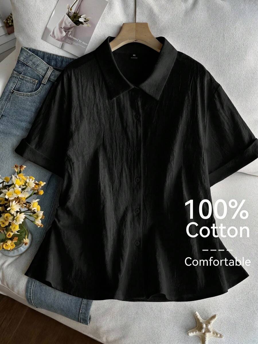 SHEIN Comfortcana Plus Size Casual Solid Color Shirt, Summer - Black - View 1