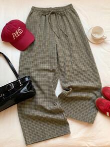Comfortcana Summer Solid Color Pleated Loose Drawstring Waist Casual 90s Wide Leg Pants, Plus Size Plaid Countryside Style Checkered Trousers For Women, Khaki - Multicolor - View 4