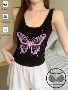 DAZY Women's Casual Butterfly Print Base Layer Top - Black - View 4