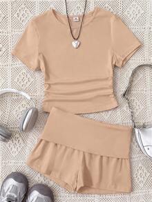 Teen Girl/Teen Girls' Knit Casual Solid Khaki Crew Neck Pullover Sweater + Khaki Shorts Set, Summer Outfit, Basic Style, Casual & Sporty - Khaki - View 6