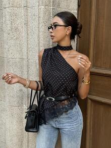 Ritzy Row Áo kiểu nữ casual lệch vai họa tiết chấm bi, bèo nhún, ren, gợi cảm, chấm bi đen trắng, áo kiểu nữ, áo nữ, áo hai dây nữ, áo kiểu thanh lịch nữ, trang phục công sở, phù hợp cho hàng ngày, hẹn hò, mùa hè, phong cách Pháp thanh lịch, áo kiểu đen - màu đen - Xem 5