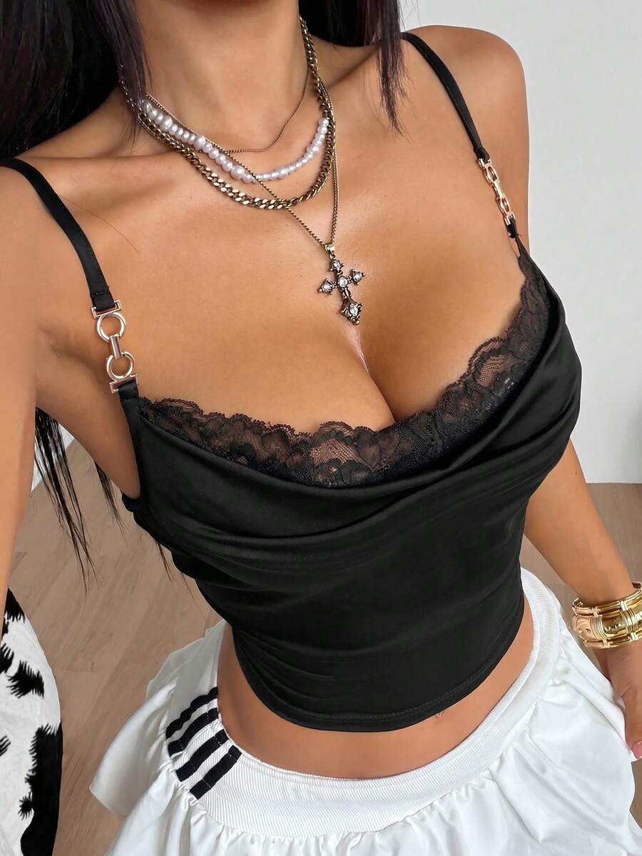 Coolane 针织紧身百搭女士撞色蕾丝吊带背心 - 黑色 - 查看 1