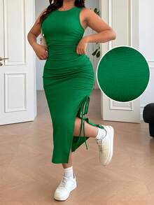 Solflare Đầm EZwear cỡ lớn dành cho nữ, màu xanh lá cây, kiểu dáng thường ngày, xếp ly, xẻ tà, thích hợp làm đầm dự tiệc cưới, trang phục đi nghỉ mát, trang phục đi biển, đầm mùa hè, đầm dự lễ hội, đầm sinh nhật. - màu xanh lá - Xem 1