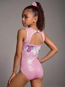 SHEIN 2pcs/Set Girls' Gymnastics Leotard And Shorts Set, Butterfly Print With Rhinestones, Suitable For Gymnastics Training, Competition, Casual Wear - Pink - View 2