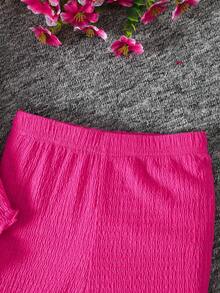 Young Girl Casual Fuchsia Knit Texture Halter Neck Top And Leggings Set - Hot Pink - View 5