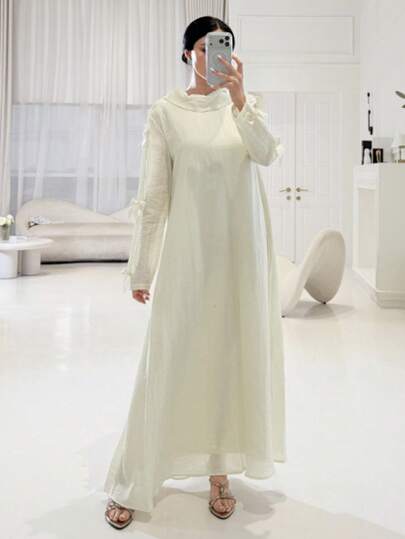 Yasmyna Women's Solid Color Bow Decor Elegant Arabic Style Dress