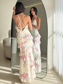 Aloruh Đầm hai dây gợi cảm, ngọt ngào, đa năng, in hoa, viền bèo dành cho nữ. - Hồng - Xem 6
