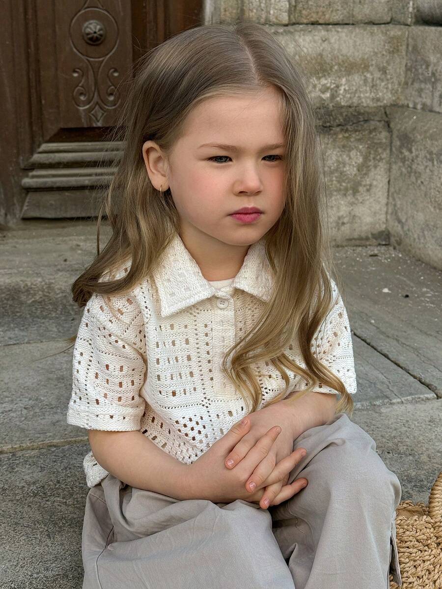 Dazy Kids 女童（小号）翻领短袖T恤，镂空纹理设计 - 米色 - 查看 1