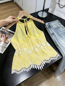 Modelyn Blusa de verano elegante francesa con cuello redondo hueco, lentejuelas, sin mangas, cuello halter y espalda descubierta para mujeres - Multicolor - Ver 2
