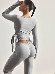 Ocili 100% Cotton Tie-Side Sleepwear Set, Women Comfortable Minimalist Solid Color Long Sleeve Top And Pants Pajamas - Grey - View 3