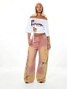 SUMWON WOMEN Denim Macrame Ripped Wide Leg Jeans With Distressed Details And Lace Up Side Detailing Boho Festival Style - Pink - View 5