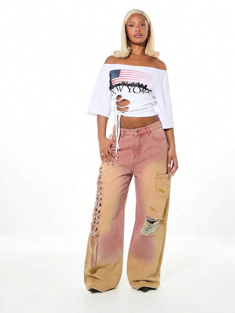 SUMWON WOMEN Jeans de pierna ancha con efecto rasgado de macramé de mezclilla con detalles desgastados y cordones laterales, estilo bohemio de festival