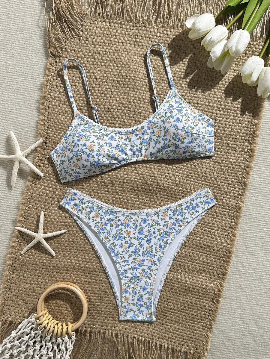 Swim Mod 女士夏季度假休闲沙滩装碎花比基尼两件套，配有可调节肩带和荷叶边装饰，假日泳装 - 彩色 - 查看 1