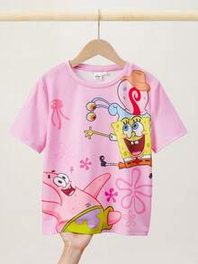 SpongeBob SquarePants | SHEIN Tween Girls' Versatile Round Neck Short Sleeve T-Shirt - Pink - View 3