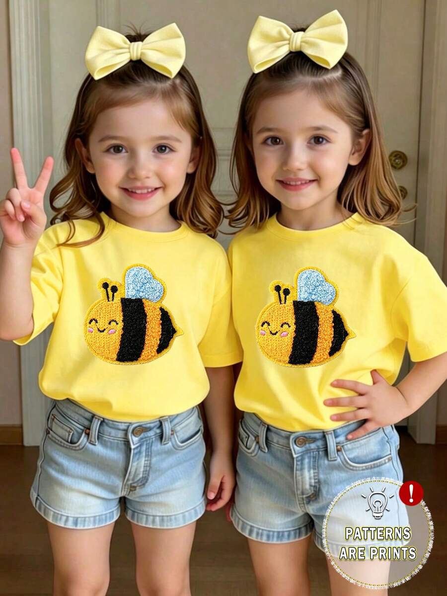 Elladie kids 女童休闲时尚创意个性清新简约可爱卡通蜜蜂花卉爱心图案字母标语印花基础款黄色短袖T恤,舒适日常穿着,适合春、夏、秋季穿着。 - 黃色 - 查看 1