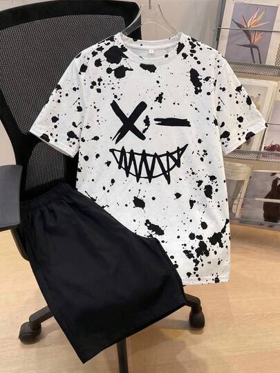 2pcs Kids/Teen Boys' Casual Spray Paint Graphic Print Round Neck Short Sleeve T-Shirt And Solid Color Woven Shorts Set, Suitable For School, Sports, Outings, Summer
