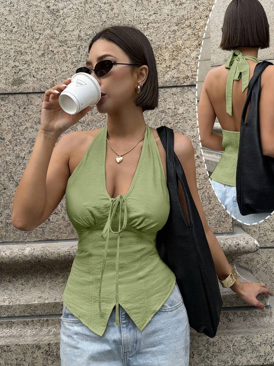 Ritzy Row New Elegant V-Neck Backless Fitted Tank Top, Minimalist Design, Commuting Chic, Spring/Summer - Olive Green - View 1