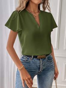 SHEIN Essnce Women's Casual V-Neck Ruffle Short Sleeve Blouse,Summer Top - Army Green - View 4