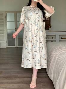 Dazy Plus Plus Size Women's Floral Print Ruched Tie Neck Lantern Sleeve Long Loose Nightgown, Spring/Summer Pajamas - Beige - View 2