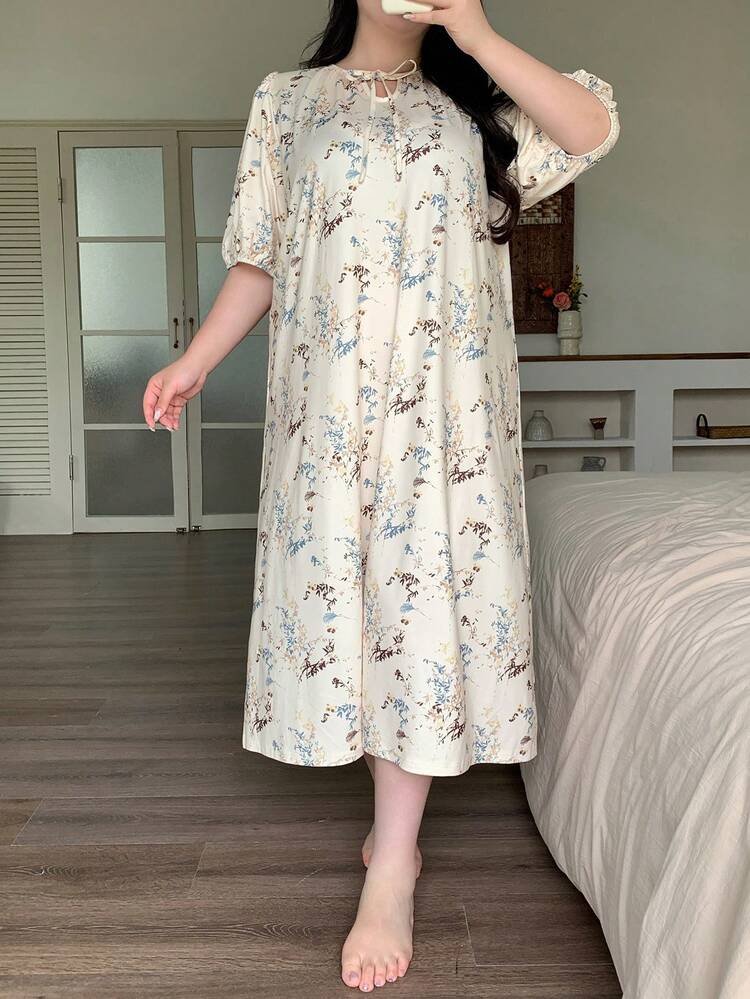 Dazy Plus Plus Size Women's Floral Print Ruched Tie Neck Lantern Sleeve Long Loose Nightgown, Spring/Summer