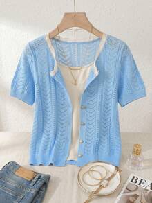 SHEIN Franclia Cárdigan casual de punto con cuello redondo, manga corta, calado y ribete de contraste, de apertura frontal, color azul claro, para primavera/verano - Celeste - Ver 7