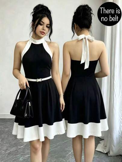 Franclia Black & Apricot Color Block Elegant Date/Commute Dress With Bow Decor, Fitted Waist, Suitable For Vacation