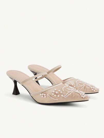 CUCCOO CHICEST Women's New Thin-Heeled Pointed Toe High Heels With Mesh, Bead, And Embroidery Decoration – Elegant And Comfortable, Perfect For Dates, Work, Parties, And Weddings