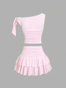 Sweetra Petite Bộ đồ nữ màu cà phê gồm áo hai dây đính hoa kim loại và chân váy xếp ly nhiều lớp, thích hợp cho mùa hè. - Hồng - Xem 4