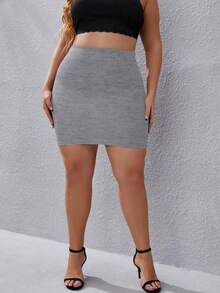 Calvaya Plus Size Women Solid Color Knit Bodycon Tight Sexy Mini Skirt - Light Grey - View 3