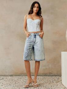 Anewsta Women's New Fashion Lace Patchwork Blue Jeans Capri Pants - Blue - View 6