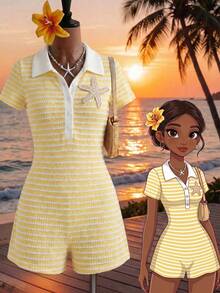 SHEIN Tween Girl Embellished Starfish Striped Polo Neck Romper - Yellow - View 3