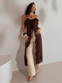Aloruh Women's Sexy Bohemian Style Solid White Sheer Extra Long Blouse, Women's Music Festival Top,Summer Top - Coffee Brown - View 5