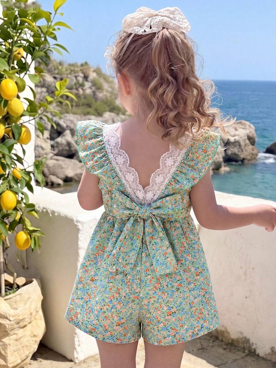 SHEIN Elladie kids 2025夏季新款女童碎花荷葉袖V領收腰露背A字洋裝,鄉村風時尚少女裙 - 彩色 - 查看 1
