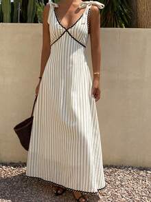 DAZY Vestido de verano elegante para mujer con patchwork a rayas, contraste de color, lazo anudado y espalda descubierta, vestido de sol para vacaciones - Blanco marfil - Ver 1
