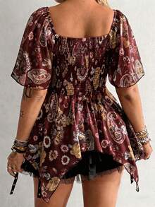 Whyspr Plus Size Women Floral Print Tie Front Waist Asymmetrical Hem Blouse - Multicolor - View 2