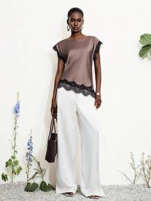 Aveloria Modichic Mocha & Black Lace Patchwork Asymmetrical Hem Cap Sleeve Blouse, Minimalist Luxury Versatile For Work, Date, Party, Vacation - Coffee Brown - View 2