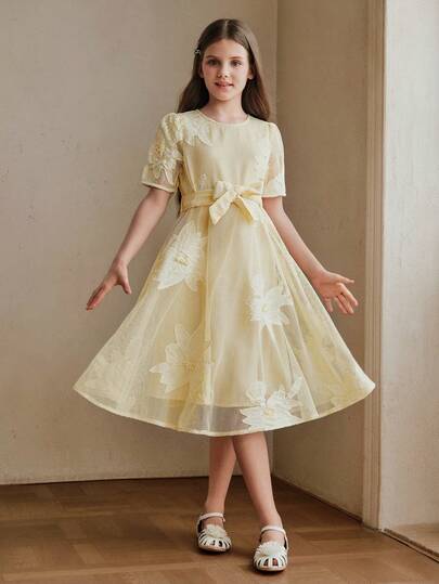 Anewsta Summer Dresses Yellow Hollow Petal Sleeve Belted A-Line Midi Dress For Girls
