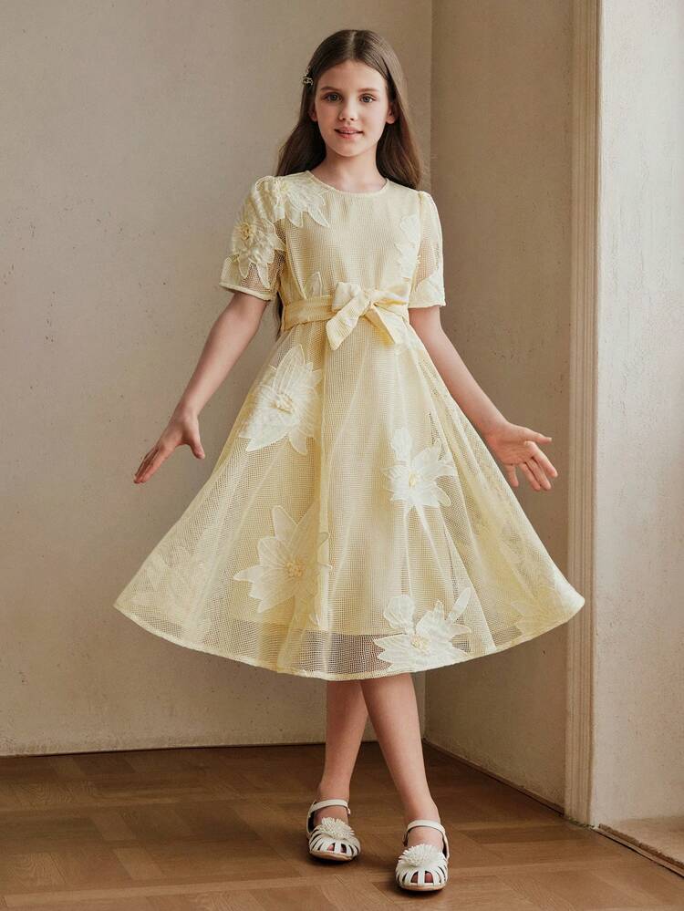 Summer Dresses Yellow Hollow Petal Sleeve Belted A-Line Midi Dress For Girls