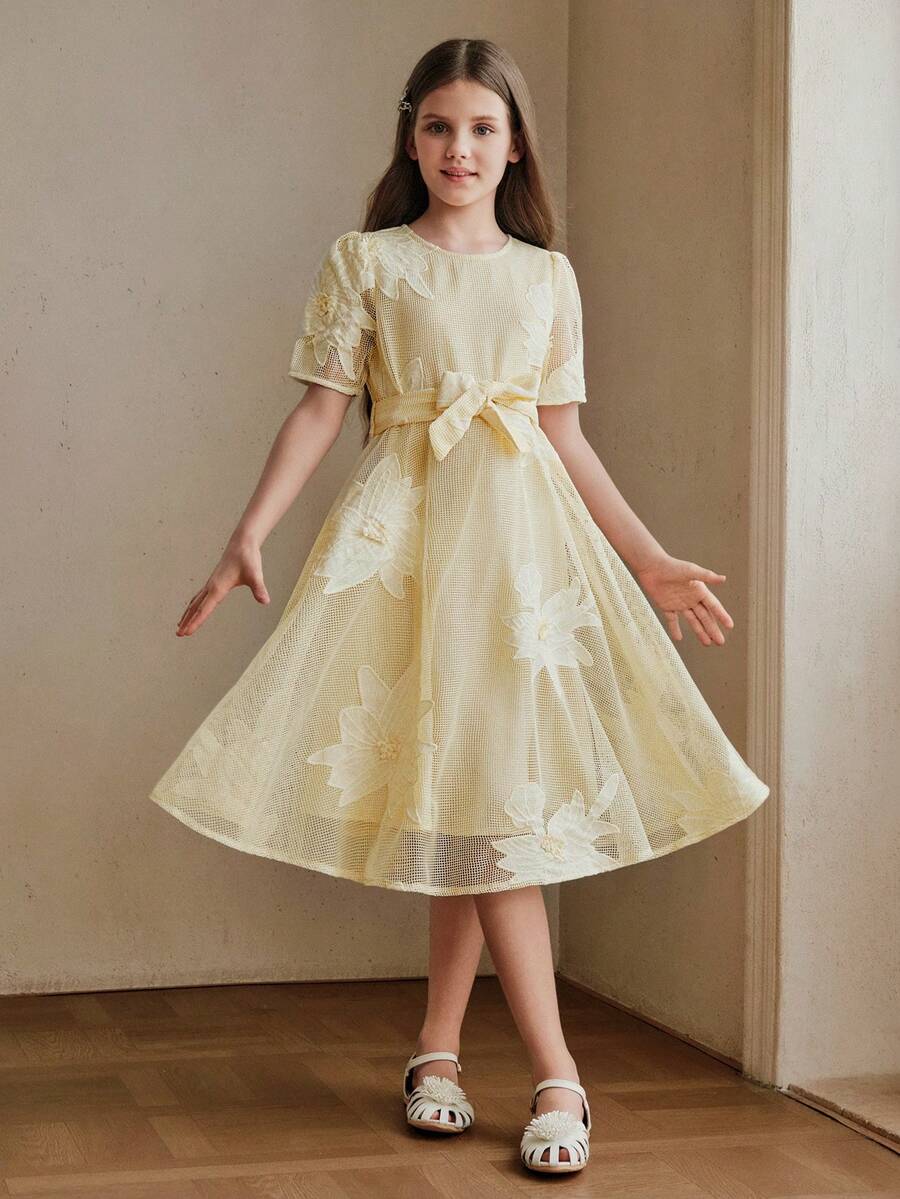 Anewsta Đầm hè màu vàng tay cánh hoa khoét rỗng, dáng chữ A, dài đến đầu gối, có thắt lưng, dành cho bé gái. - Màu vàng - Xem 1