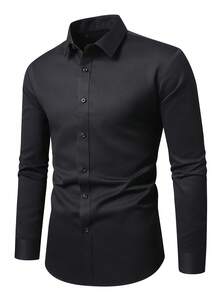 Manfinity Mode Camisa formal de manga larga casual de un solo pecho de unicolor para hombres, ceremonia - Negro - Ver 4