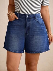 Elaquor Plus Size Summer Casual Washed Wide Leg Denim Shorts - Dark Wash - View 3