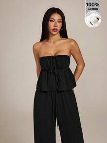 SHEIN PETITE 黑色梭织女式休闲套装 - 黑色 - 查看 5