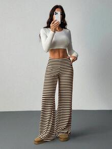 SHEIN Tall 女款摺腰運動休閒條紋喇叭褲，適合高個女性 - 摩卡棕 - 查看 7
