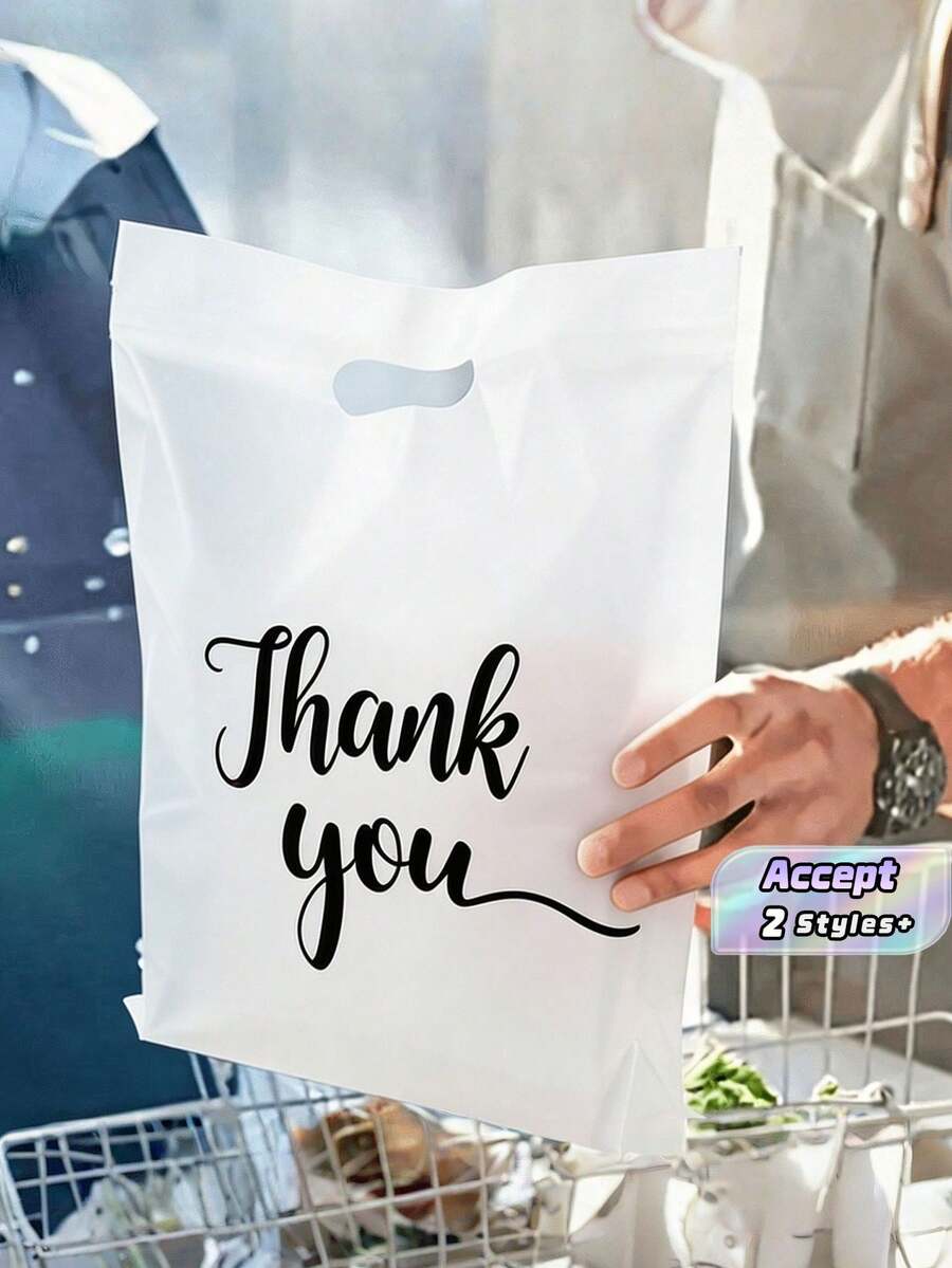 100pcs Elegant "Thank You" Gift Tote Bags - Black & Gold Cursive Lettering Reusable Plastic Shopping Bags, Flat Paper Bags, Plastic Carrier Bags, Wedding Party Birthday Gift Packaging Bags, Jewelry & Cosmetics Storage Totes. Perfect For Retail Stores, Boutiques, Parties, Corporate Events, Birthdays, Holiday Packaging, Christmas & Valentine's Day. - multicolor - View 1