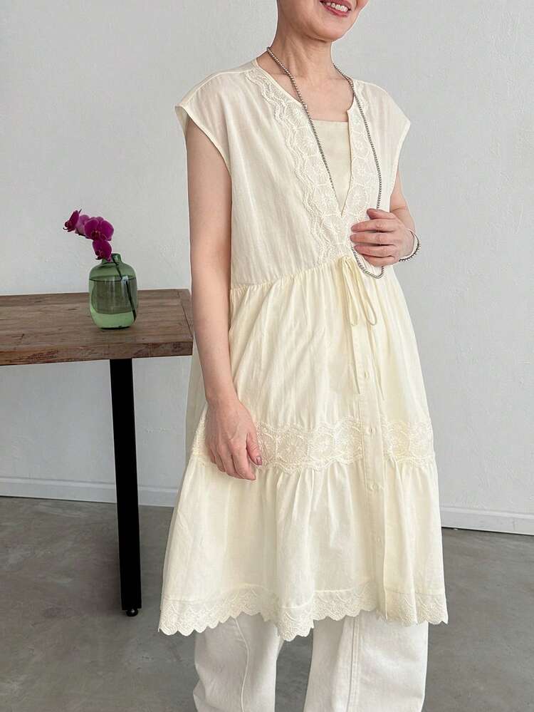 FRIFUL Áo kiểu nữ thời trang đa năng phối ren, thắt nơ và cài nút. - màu xanh lá - Xem 5